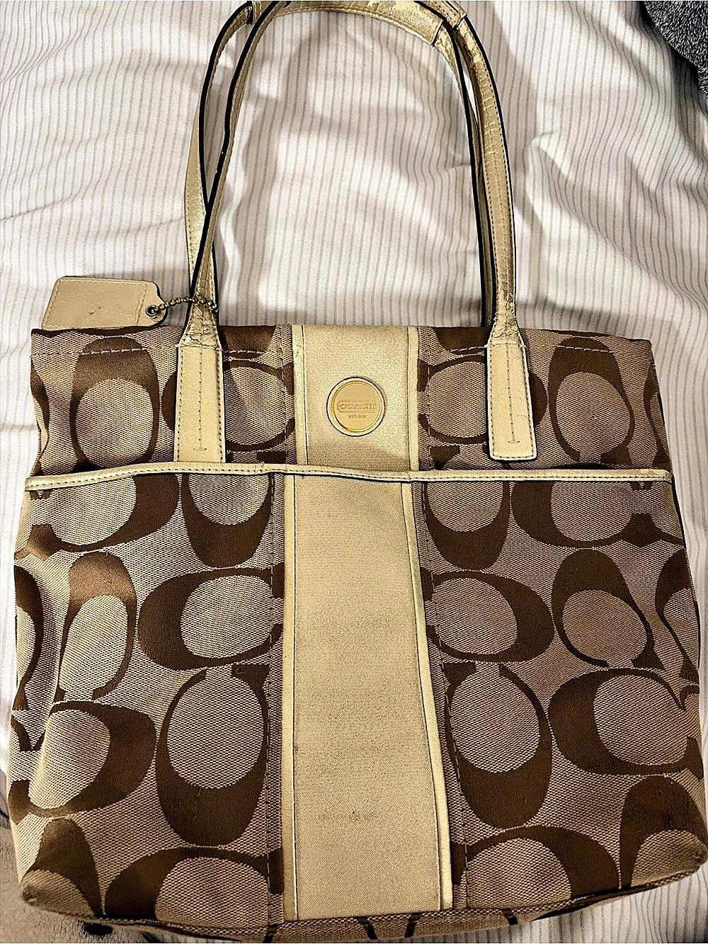 Coach Signature Stripe Tote in Brown & Tan